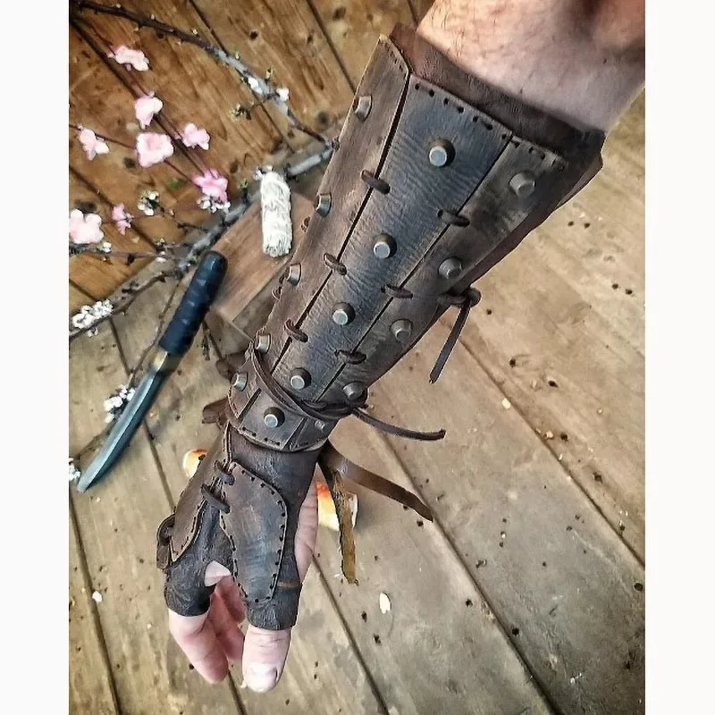 Steampunk Medieval PU Leather Bracer Long Glove Gauntlet Samurai Viking Knight Pirate Arm Armor for Men LARP Cosplay Accessory