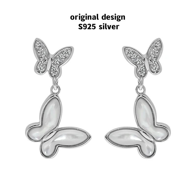 

Original S925 sterling silver with zircon butterfly white shell earrings for women, fashionable luxury banquet boutique gift