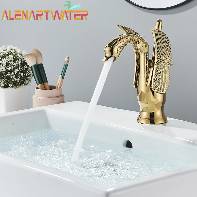 Golden Basin Faucet Deck Mount Sink Short Faucets Swan Shape Single Handle Sink Hot Cold Water Mixer Tap