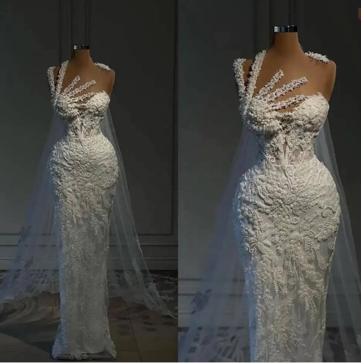 

Sexy Lace Appliques Wedding Dress Floor Length Vestidos De Novia Cap Sleeves Mermaid Vintage Style Bridal Gown