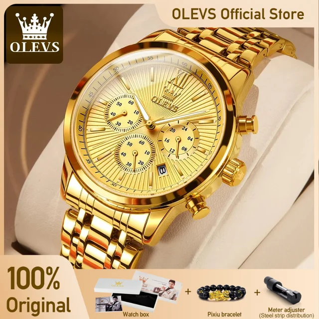OLEVS-Relógio de pulso de luxo masculino, aço inoxidável, impermeável, luminoso, cronógrafo, exibição de 24 horas, moda