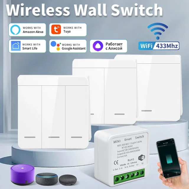Tuya สมาร์ท WiFi สําหรับแสง RF 433MHz ไร้สายสวิทช์ Smart Life APP Voice Control ทํางานร่วมกับ Alice Alexa Google Home 1