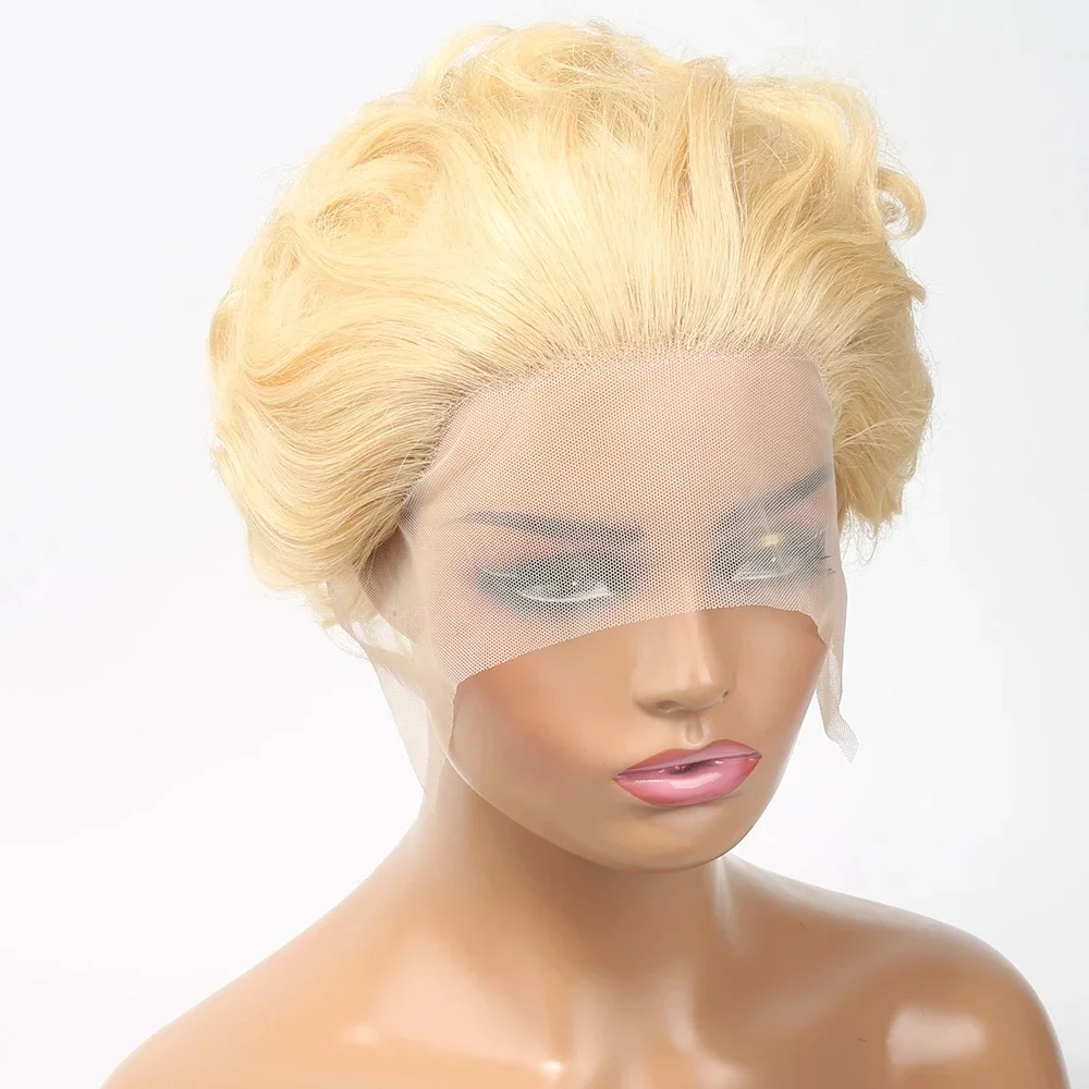 613 Blonde Wig 13X1 Transparent Lace Wig For Women Pixie Cut Short Curly Human Hair Wigs Cheap Human Hair