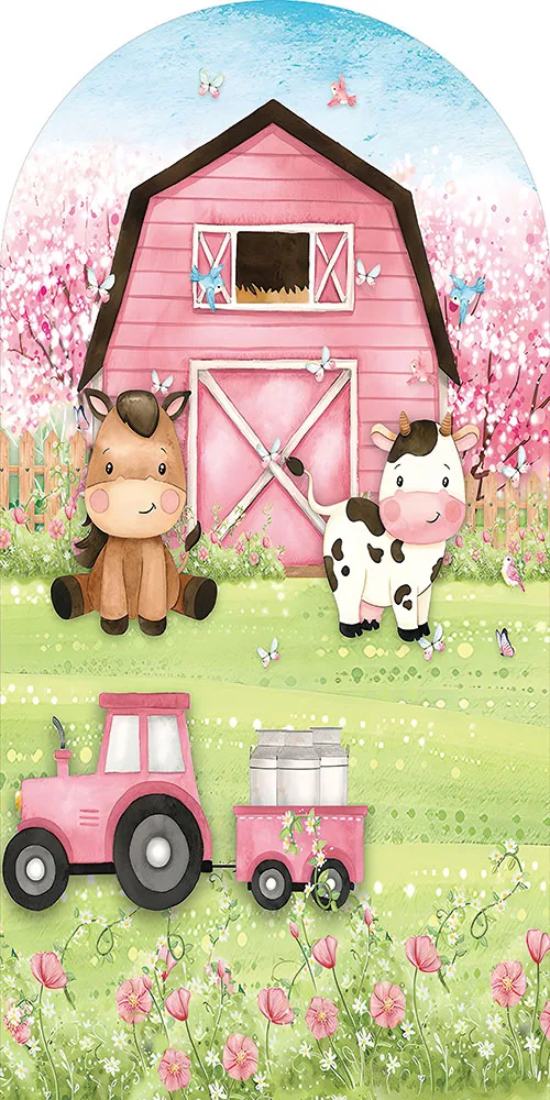 Mehofond Barn House Arched Backdrop Cover Farm Rural Filed Baby Shower Party Cow Round Top Spandex Background Photozone