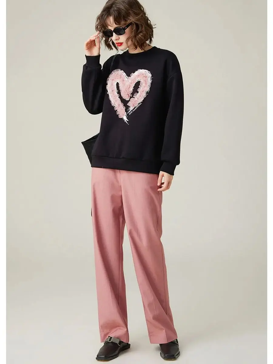 LOUIS YAO Women Romantic Pleated Mesh Heart sweatshirt 2023 Autumn Stylish and Airy Round-neck Loose Women's Top