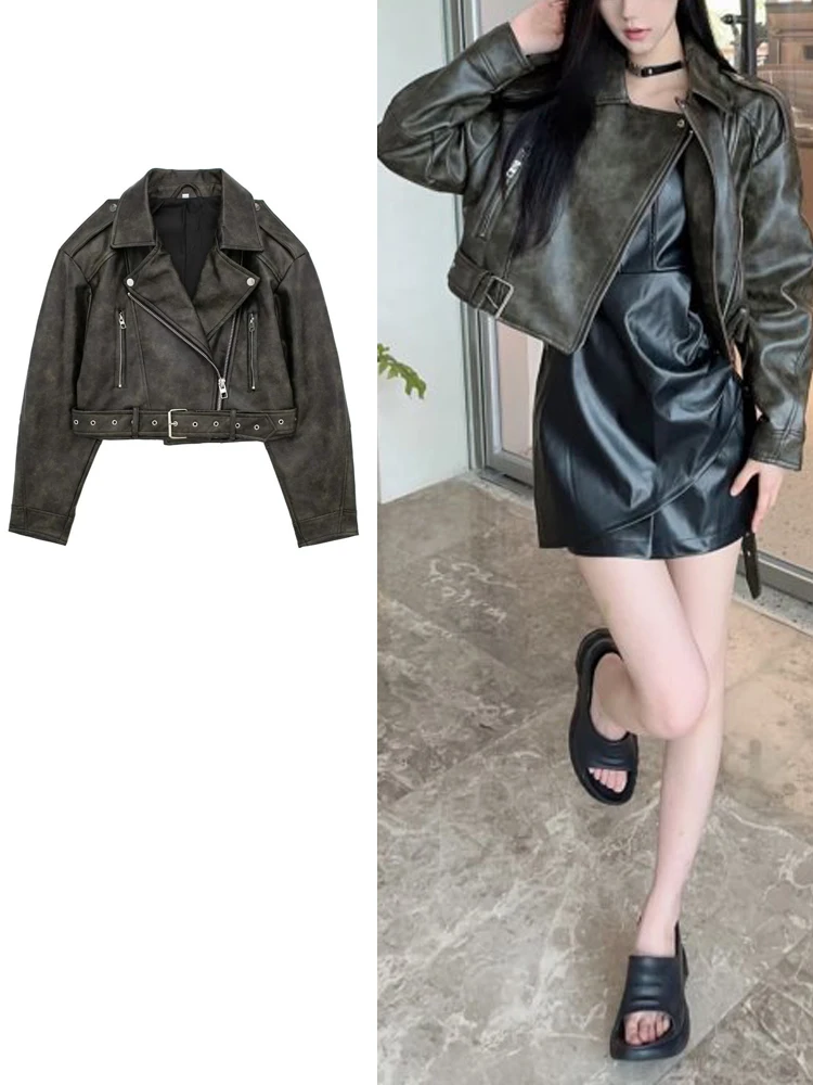 

TRAF Autumn Women Vintage Loose Pu Faux Leather Short Jackets with Belt Streetwear Female Retro Motor Biker Coats Outwear Tops