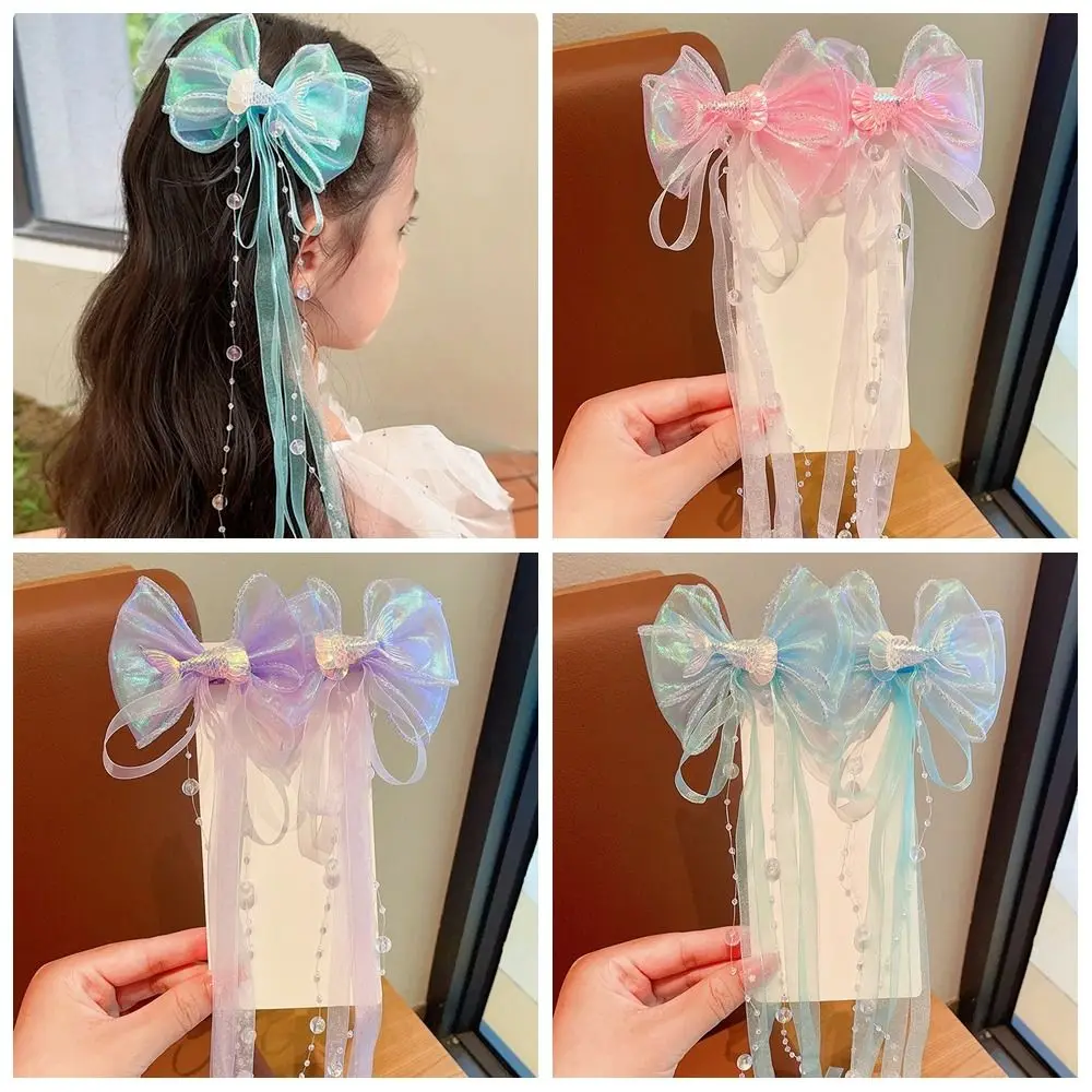 

2pcs/set Fairy Mermaid Hair Clip Bow Imitation Pearl Mesh Streamer Hairpin Girls Hair Braiding Tool Princess Hair Accessory