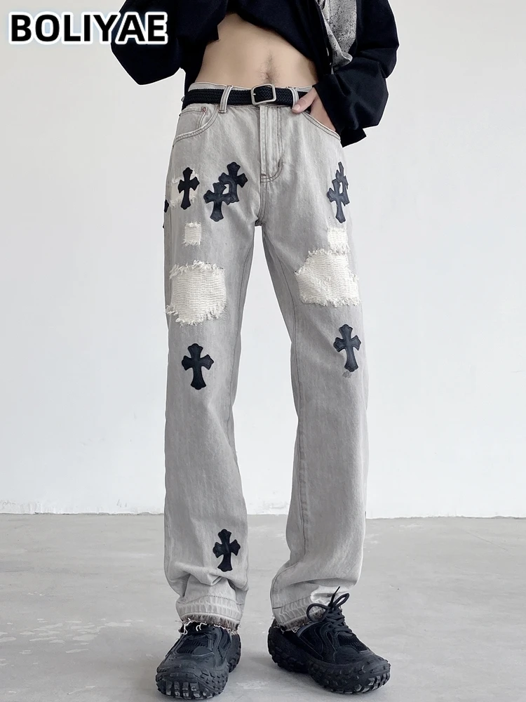 

Boliyae Ripped Washed Cross Frayed Straight Jeans Men Vintage Casual Baggy Denim Trousers Y2K Hip Hop Oversized Wide Leg Pants