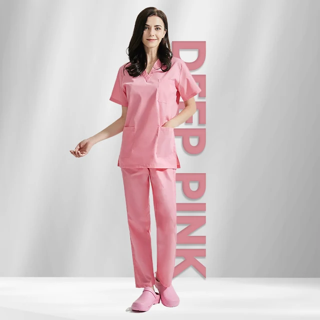 High Quality V-neck Scrub Tops Beauty Salon Nursing Elastic Waist Pants Unisex Breathable Surgery Uniform Medical Accessories Deep Pink