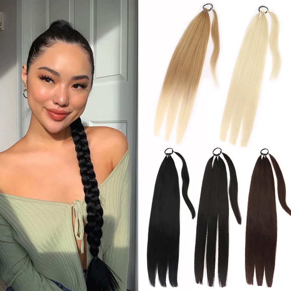 

Braided Ponytail Extension Hair Synthetic Braiding Braids 32 Inch Pony Tail Rubber Band Hair Ring Brown Black Blonde Ombre