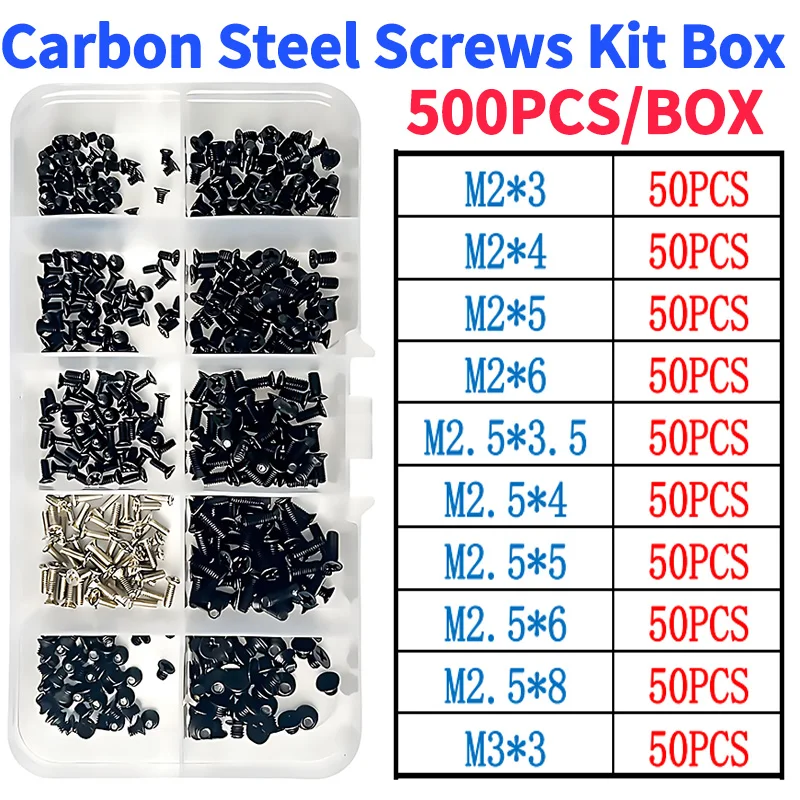 500pcs-box-M2-M2-5-M3-Carbon-Steel-Screws-Flat-Head-Phillips-Machine ...