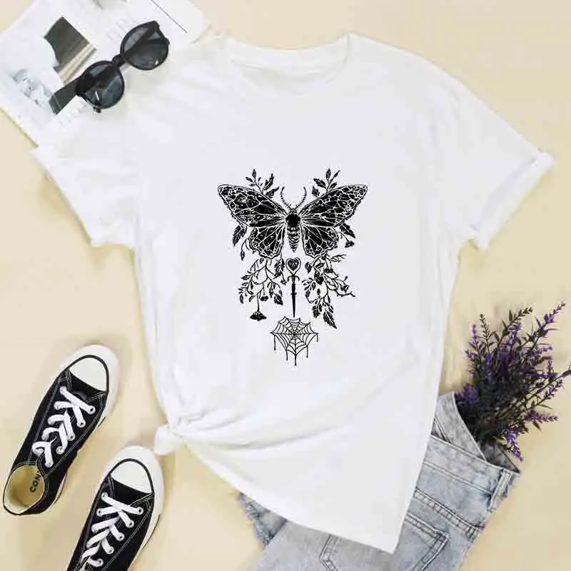 Pentagram Moth and Spider Web T-shirt, Cute Yet Eerie Y2K Pastel Gothic Style, Pastoral Dark Preppy Style Alternative Punk Style 3