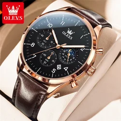 OLEVS Luxury Men's Chronograph Quartz Watch - Waterproof with Luminous Display and Moon Phase Feature (Rose Black)