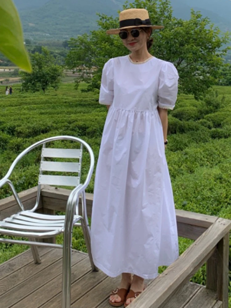 2024 새로운 여름 흰 드레스 여성의 부드러운 스타일 레이스 꽃 가장자리 접합 빈티지 신선한 a 라인 스커트 유행 숙녀 드레스 