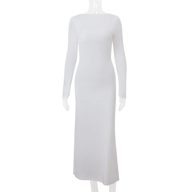 Women Backless Dress for Sexy Solid Color Round Neck Long Sleeve Ruched Bodycon Dresses Cocktail Party Dresses Clubwear