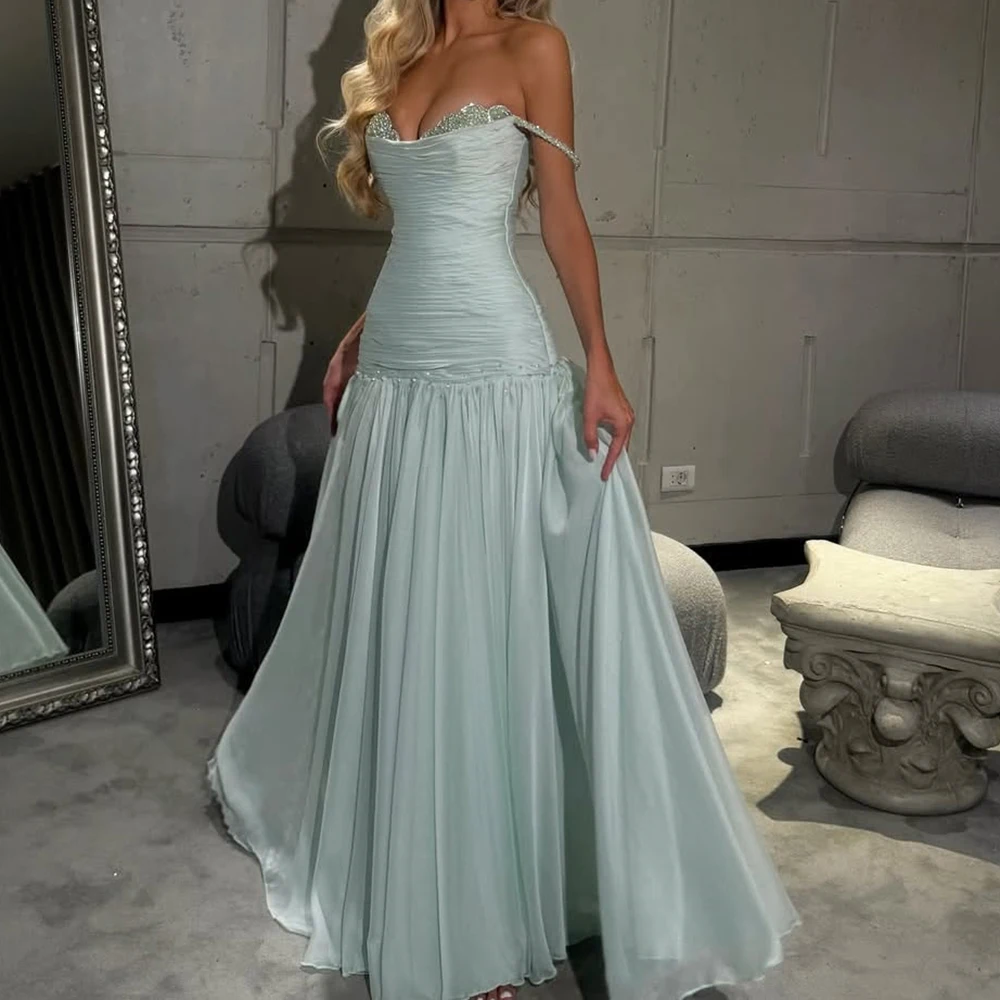 Customized A-line Evening Dresses Floor-length Spaghetti Strap Sleeveless Prom Gown Fashion Crystal Pleat Draped Party Gown