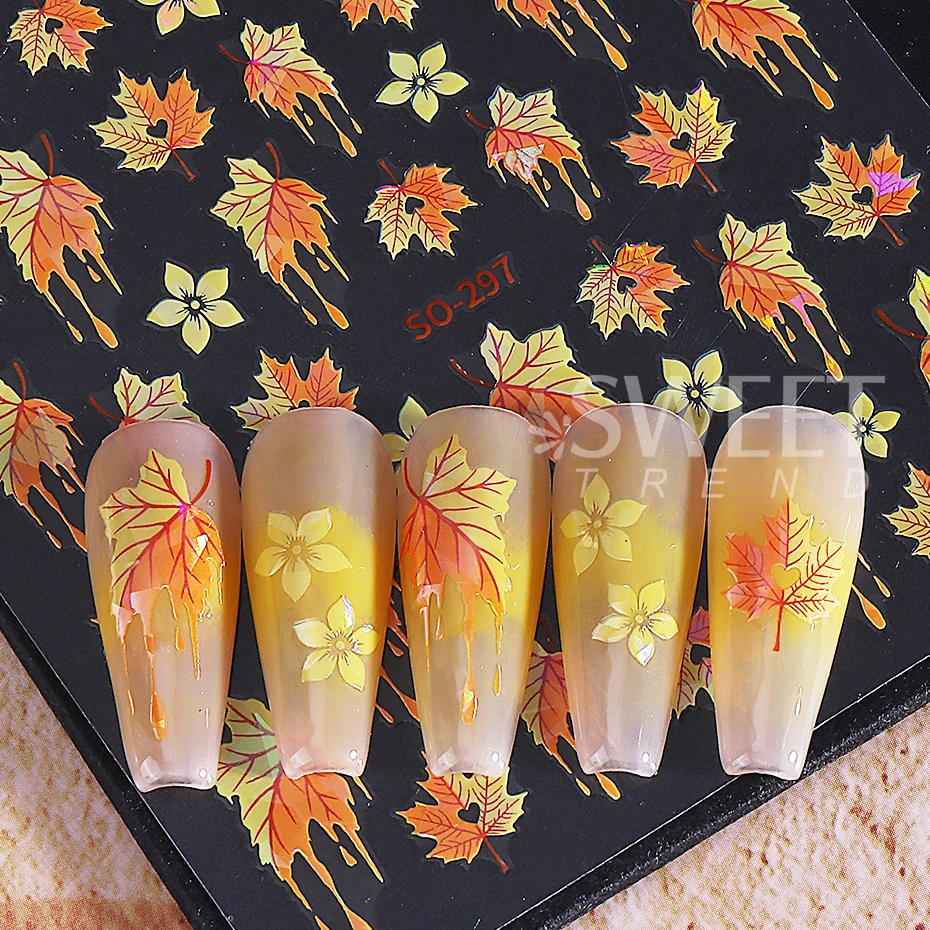 2pcs Autumn Winter Maple Leaf Nail Stickers 3D Gradient Fallen Leaves Petals Design Self-Adhesive Nail Decal Manicure Decoration