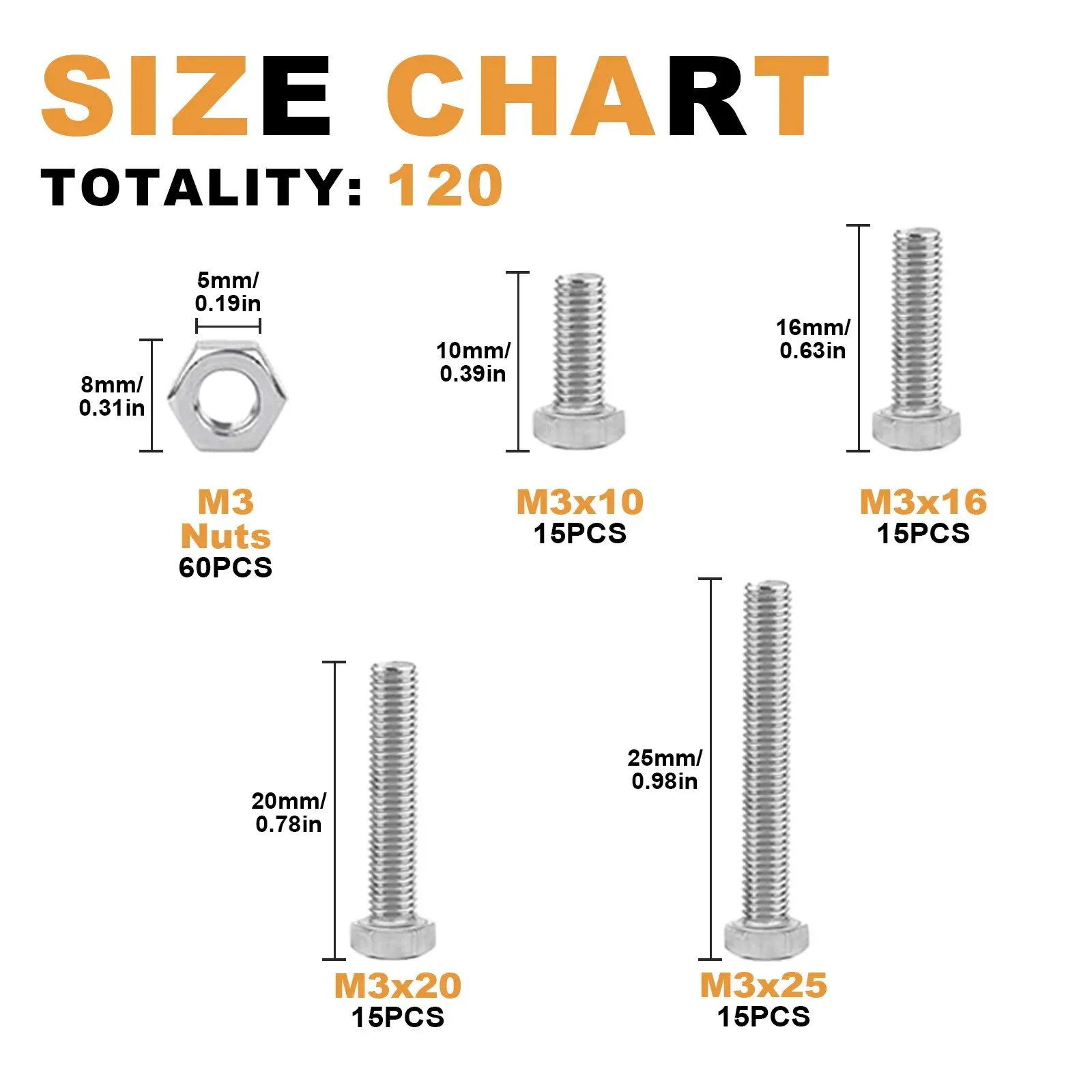 120Pcs M3 Stainless Steel Hexagon Head Screw, Nut, Bolt Sorting Set, Suitable For Small Mechanical Maintenance Projects