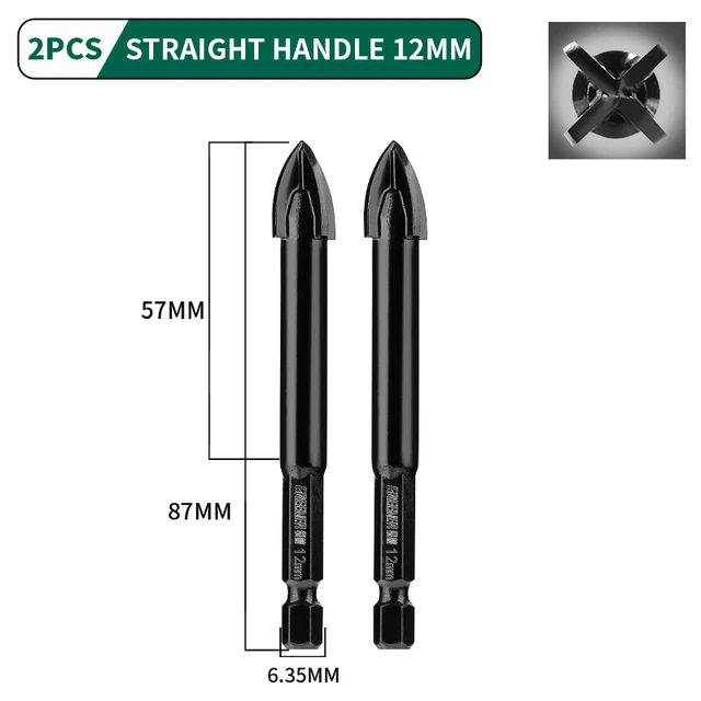 GREENER 3-12mm Four-blade Concrete Impact Glass Drill Cross Hex Tile Drilling Bit Special For Hexagonal Shank Hard Alloy Tri 12mm 2pcs