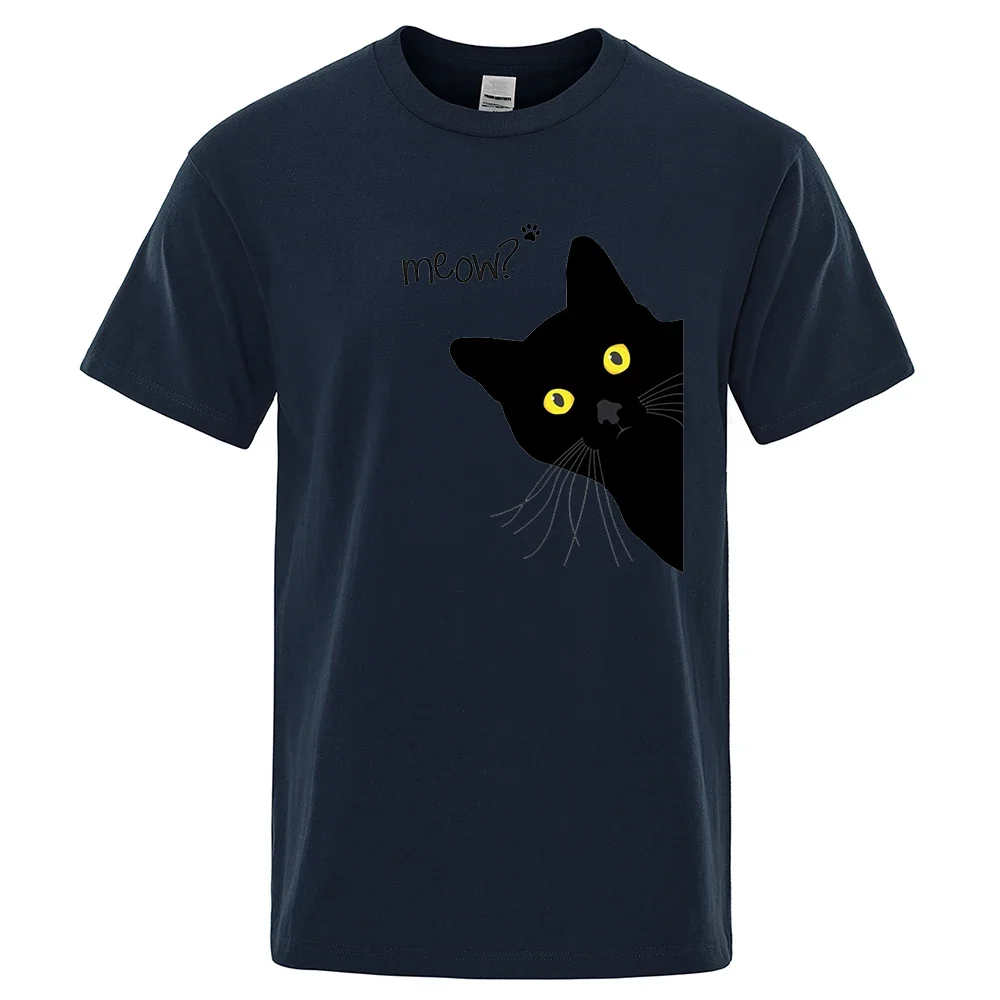 Camisetas con estampado divertido de gato negro maullido para hombre, camisetas transpirables, ropa de calle de verano, camisetas holgadas de algodón de manga corta de gran tamaño