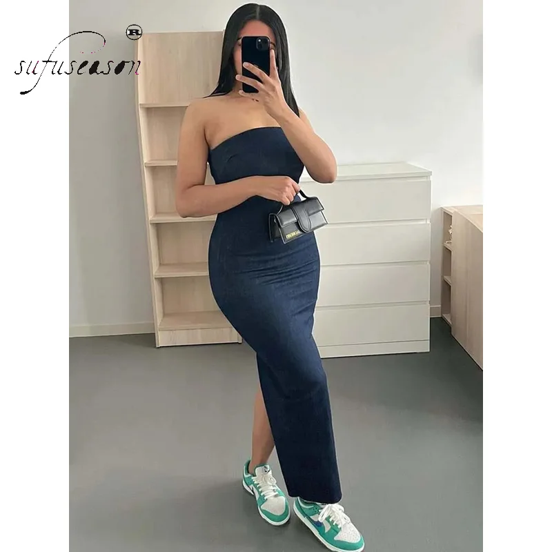 

New In Blue Denim Long Dress Women Bodycon Max Dress Fashion Za Sexy Backless Party Off Shoulder Corset Female 2023 Spring Traf