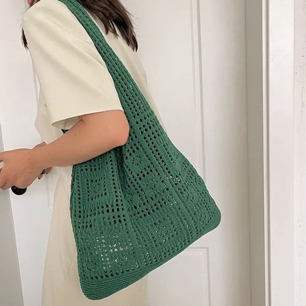 Borsa a Spalla in Maglia Monocolore, Borsa da Spiaggia Intrecciata Vuota, Borsa Shopping Grande Capacità Stile Bohemien per Uso Quotidiano - immagine 4