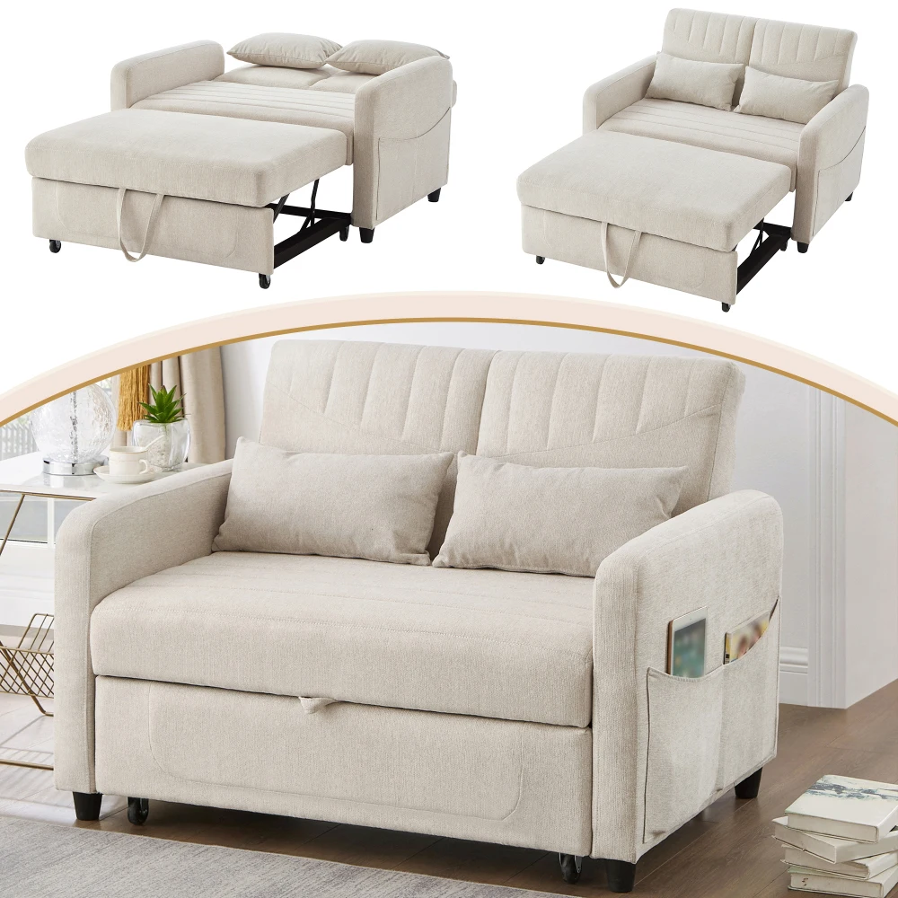 Zeitgenössisches 2-Sitzer-Klappsofa, ausziehbares Design, einfach und modern, 3-stufig verstellbare Rückenlehne, atmungsaktiver Baumwoll-Leinenstoff – Detail 12