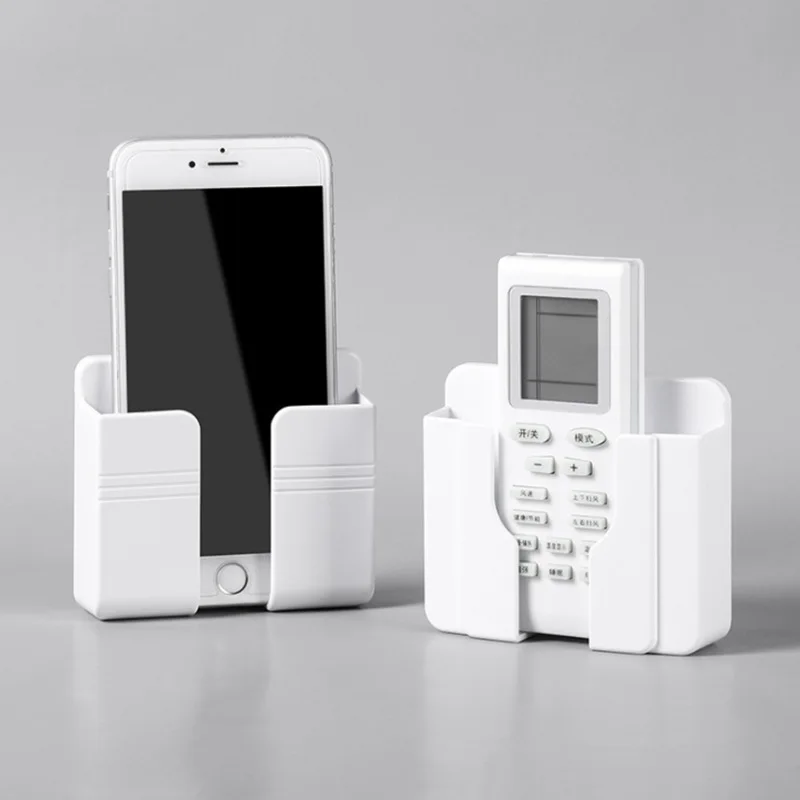 3pcs Wall Mount Phone Holder Punch Free Wall Mobile Phones Charging Stand Lazy Sticky Remote Control Storage Box