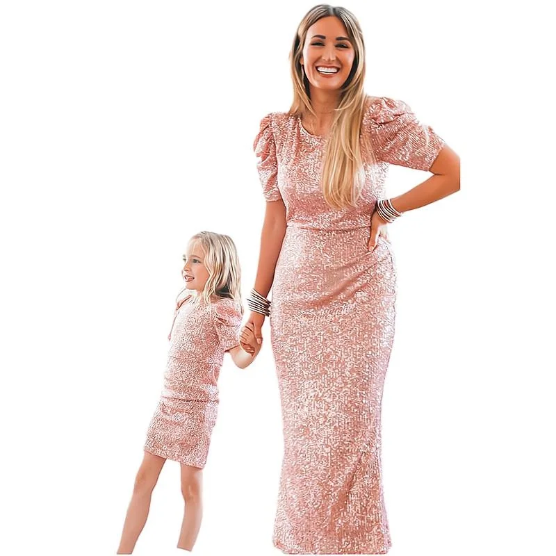 

New Mom And Daughter Wedding Pink Sequins Dresses Matching Outfits Set Family Look Short Sleeve Long Dress Mommy And Me Clothes