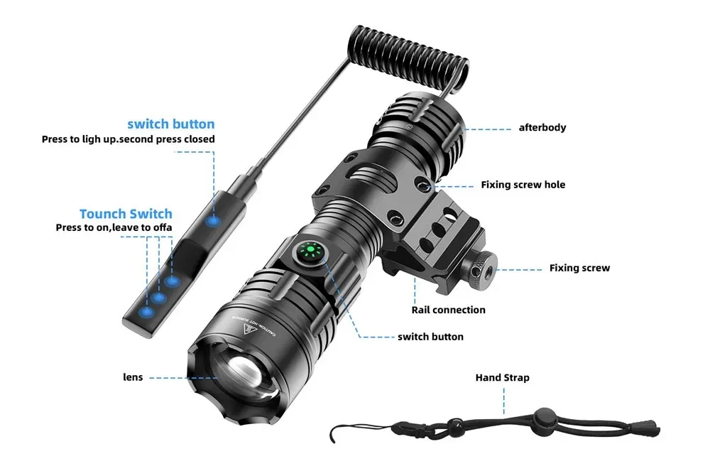 Description Picture 3 of itemHigh Power LED Flashlight USB Rechargeable Outdoor Hunting Tactical Torch Long Range Strong Light Lantern Zoom Spotlight Lamp