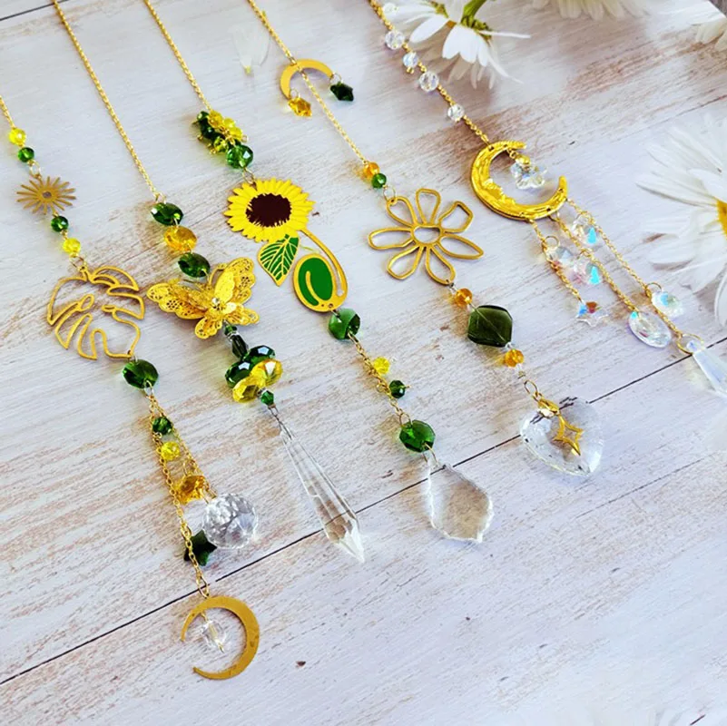 Golden Moon Suncatcher Summer Window Decoration Sunflower Butterfly Pendant Hanging Suncatcher Garden Decoration Xmas Gift