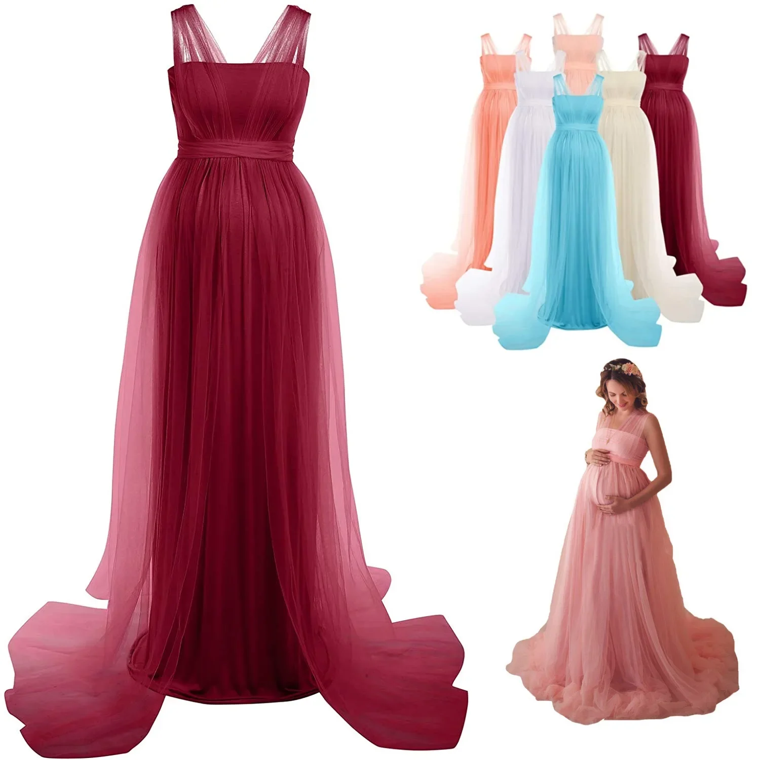 

Maternity Photo Shoot Dress Multiway Wrap Tulle Long Maxi Gown Pregnant Women Party Baby Shower Dress Photography Props Costume