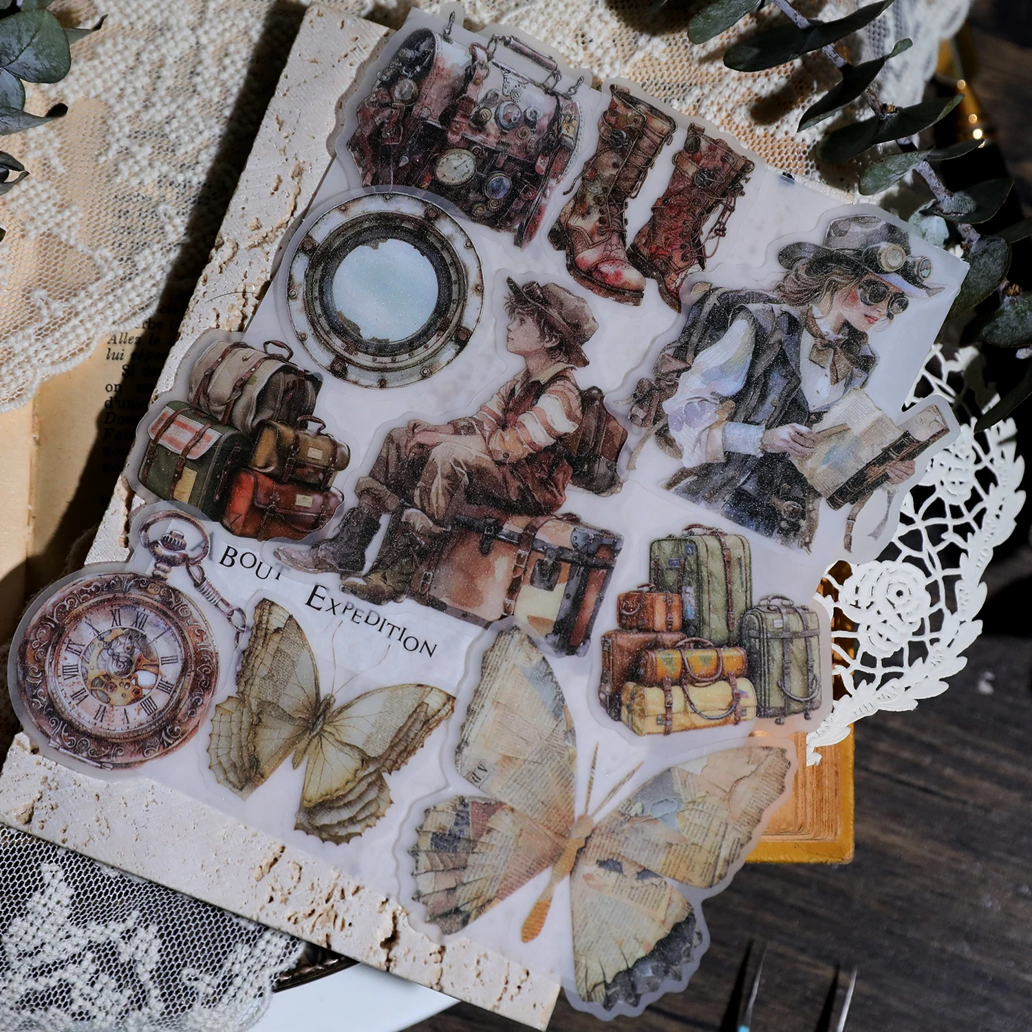 56 Pieces Vintage Steam Age Travel Stickers Transparent Retro Butterfly Paper Doll Stickers Handmade Scrapbook Material