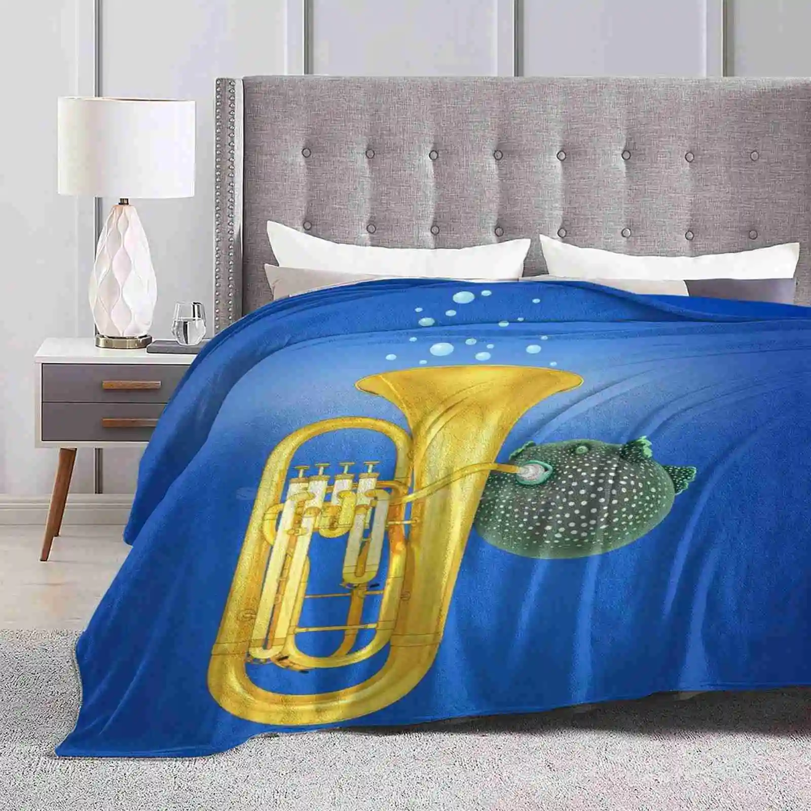 Puffer Fish Playing Tuba Fashion Soft Warm Throw Coperta Music Tuba Puffer Fish Sea Animals