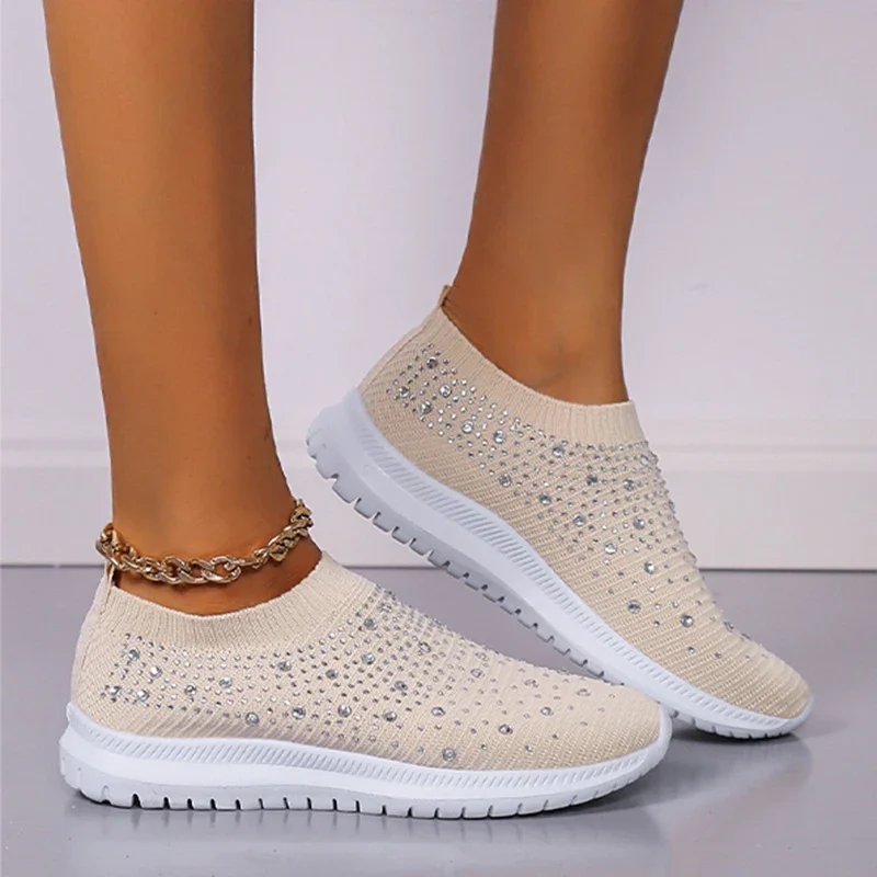 Women Shoes Shining Crystal Flats Spring Breathable Knit Platform Sneakers Comfortable Soft Bottom Non-slip