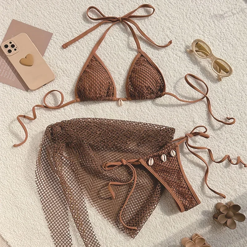Sexy Brown Mesh Swimsuit Cover Ups Women Triangle String Micro Bikini Thong Halter Swimwear Bathing Suit 3 Piece Bikini Set 2025