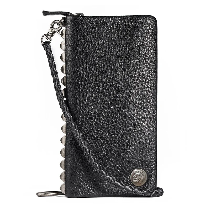 

bag High male quality men New clip fashion case rivet purse chain clutch genuine money long phone wallet leather