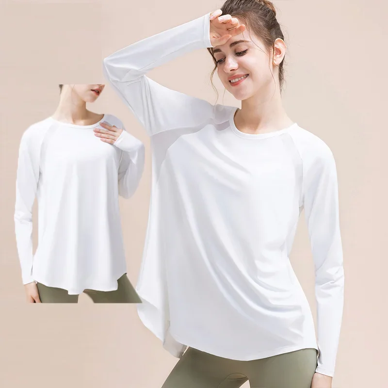 Aiithuug Loose Fit Casual Shirts Soft Mesh Split Back Yoga Long Sleeve Casual Tops Relaxed Shirts Workout UV Quick Dry