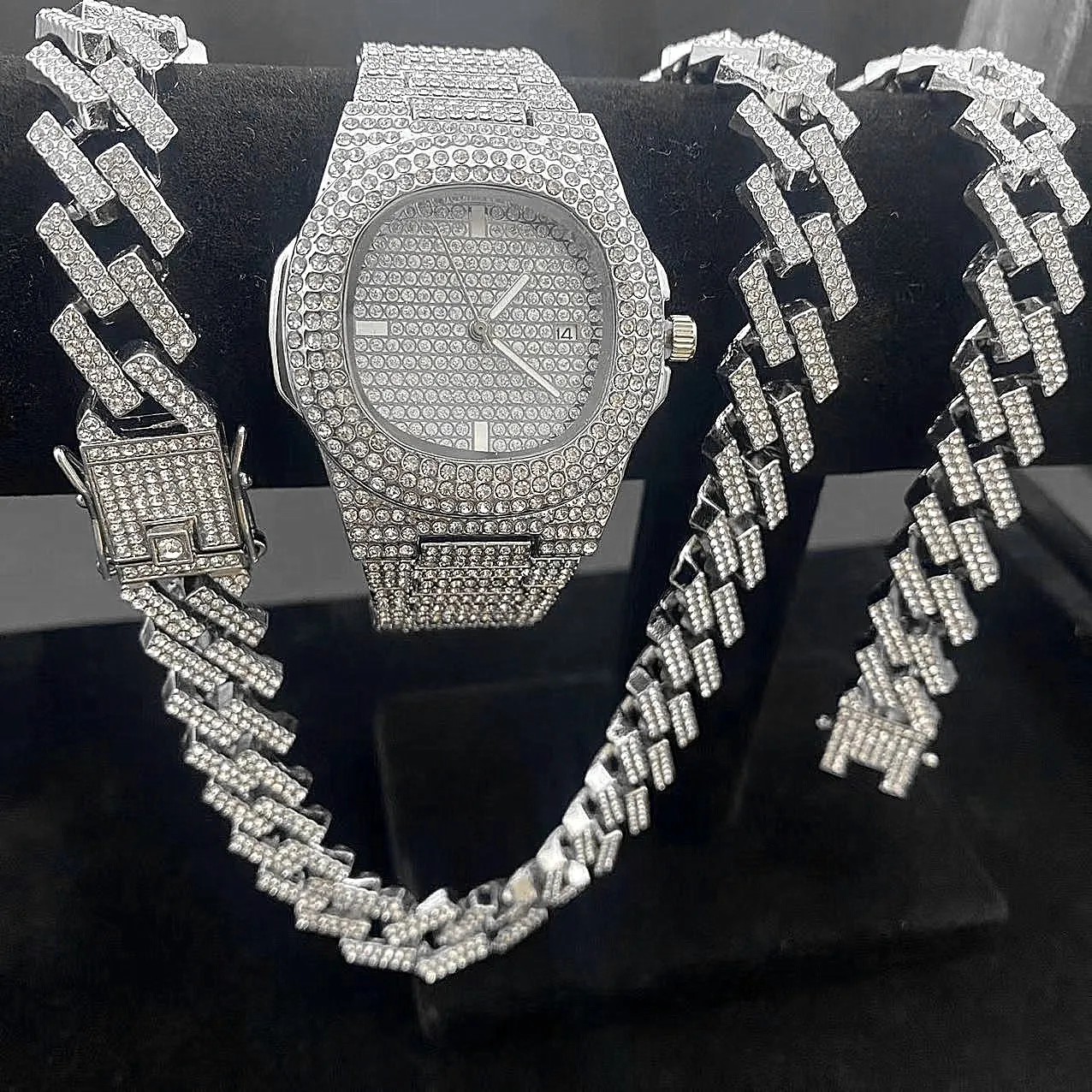 3pcs Hip Hop 15MM Necklace Watch Bracelet Bling Iced Out Miami Zircon Cuban Chains Diamond Men's Jewelry For Women Choker Gifts