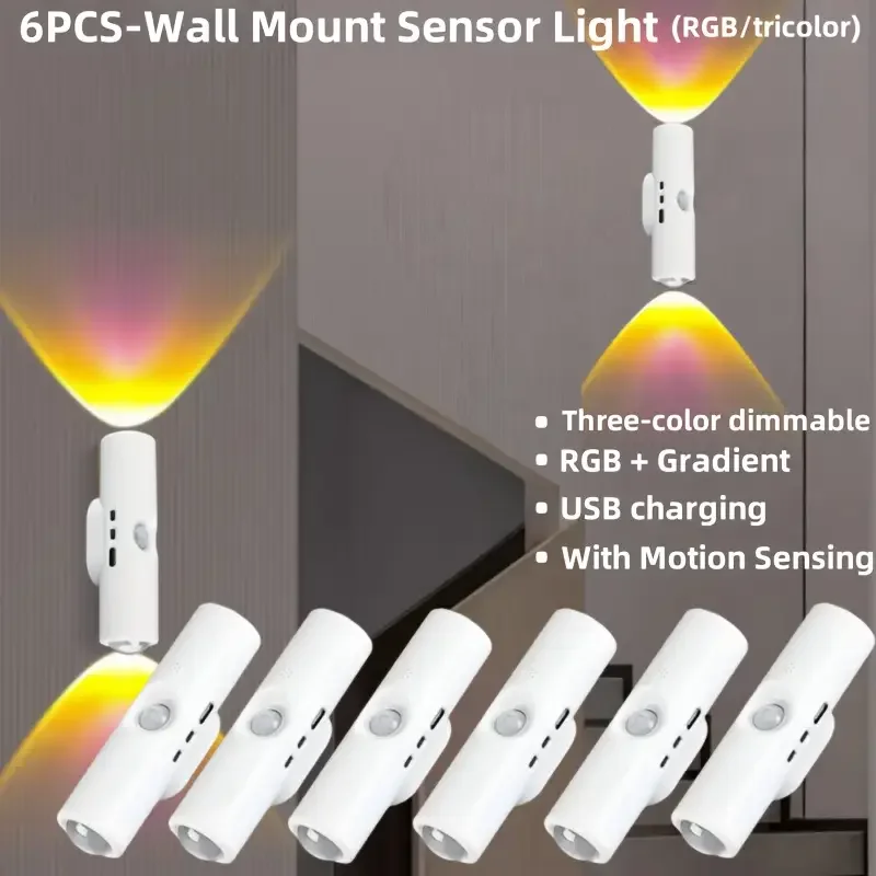 ไฟติดผนังแบบเหนี่ยวนำ 1/2/4/6 ชิ้น ไฟ LED อัจฉริยะ ชาร์จผ่าน USB ปรับความสว่างได้ ใช้ในห้องนอน ห้องนั่งเล่น 1