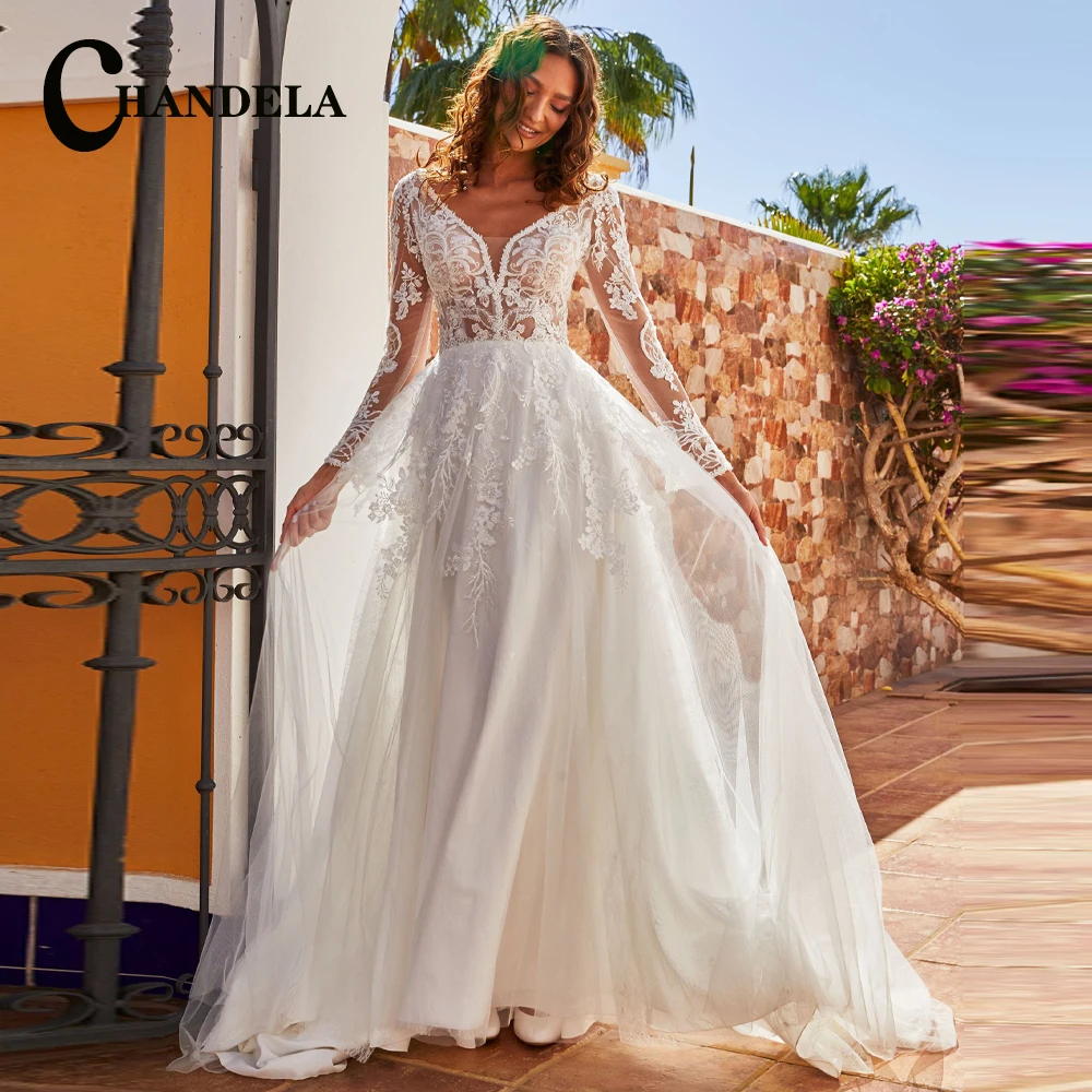 

CHANDELA Boho Wedding Dresses A-Line Scoop Long Sleeves Appliques Backless Bridal Gown Vestido De Casamento Customised For Women