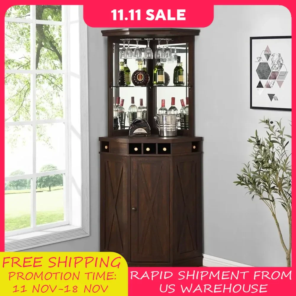 73" Tall Corner Storage Cabinet with Wood Doors, Wine Rcak, Liquor Glass Holder, Glass Design Large Rustic Bar Hutch