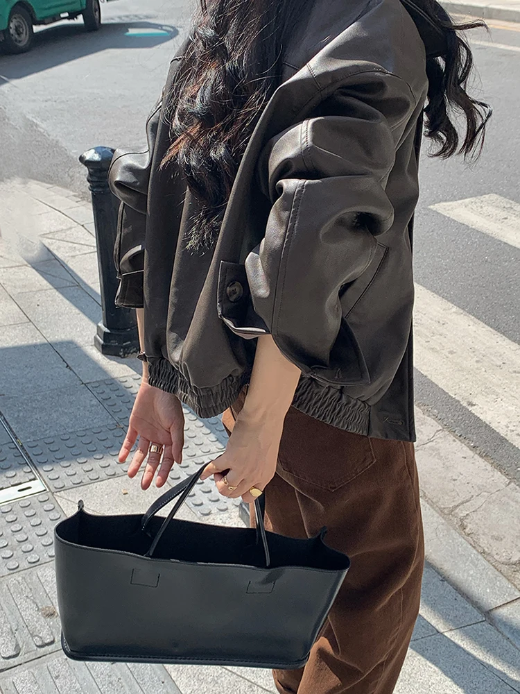 QOERLIN Faux Leather Jacket Women Casual PU Loose Motorcycle Jackets Female Streetwear Oversized Coat Korean New Autumn Winter