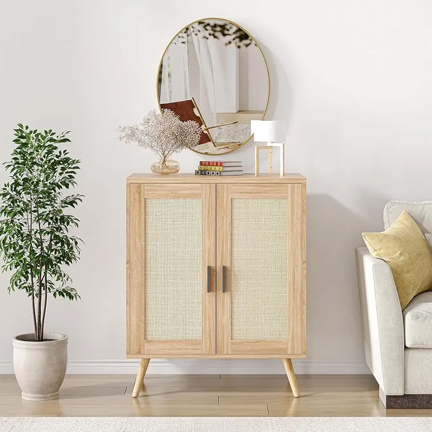 

Sideboard Buffet Kitchen Storage Cabinet with Rattan Decorated Doors and with Solid Wood Feet for Hallway,Living Room,Natural