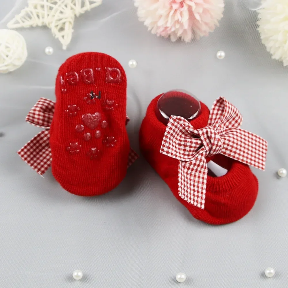 Spring Autumn Red Newborn Indoor Cotton Socks Bow Infant Anti Slip Socks Baby Girl Socks Rubber Soles Baby Girl Floor Sock