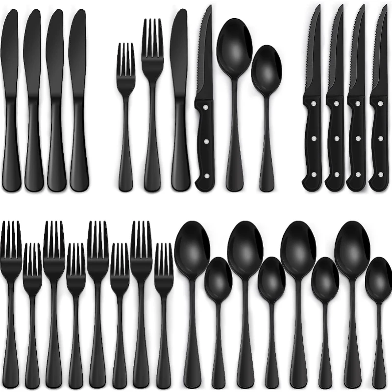 

24Pcs Matte Black Silverware Set with Steak Knives Stainless Steel Flatware Cutlery Set Eating Utensils for 4 Dishwasher Safe