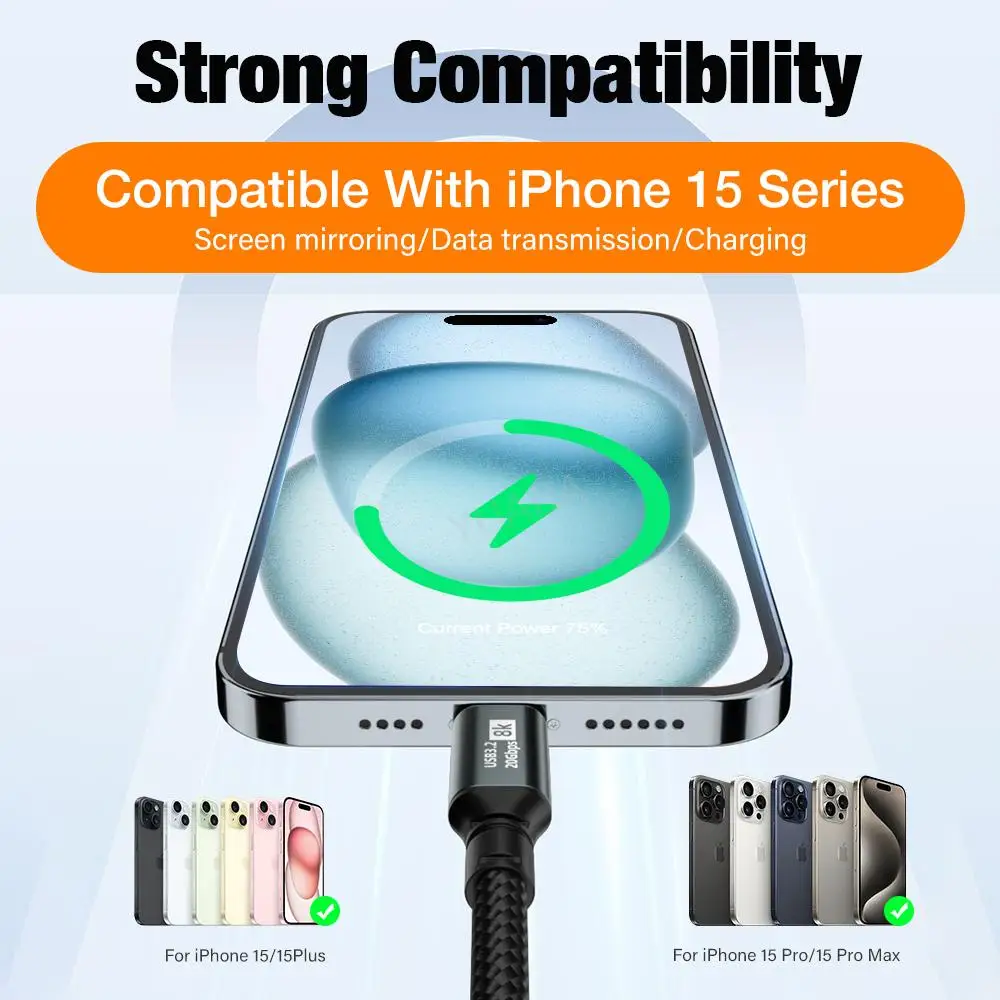 USB Type C to Type C Cable PD100W Fast Charging 8K Extend Data Cord for iPhone 16 15 Pro Max Samsung Huawei MacBook Tabletv BEST SELLERS