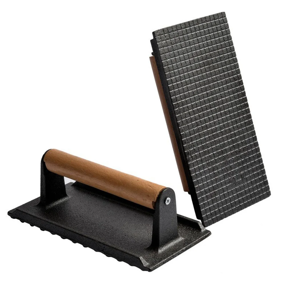 Cast Iron Heavy-Weight Grill Press with Wooden Handle Hamburger Patty Maker Uncoated Kitchen Heavy Flat Steak Bacon Beef Press