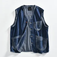High-End Retro Washed Denim Workwear Vest for Men with Multiple Pockets V-Neck Autumn Seasonal Style Loose Fit Chinese Origin