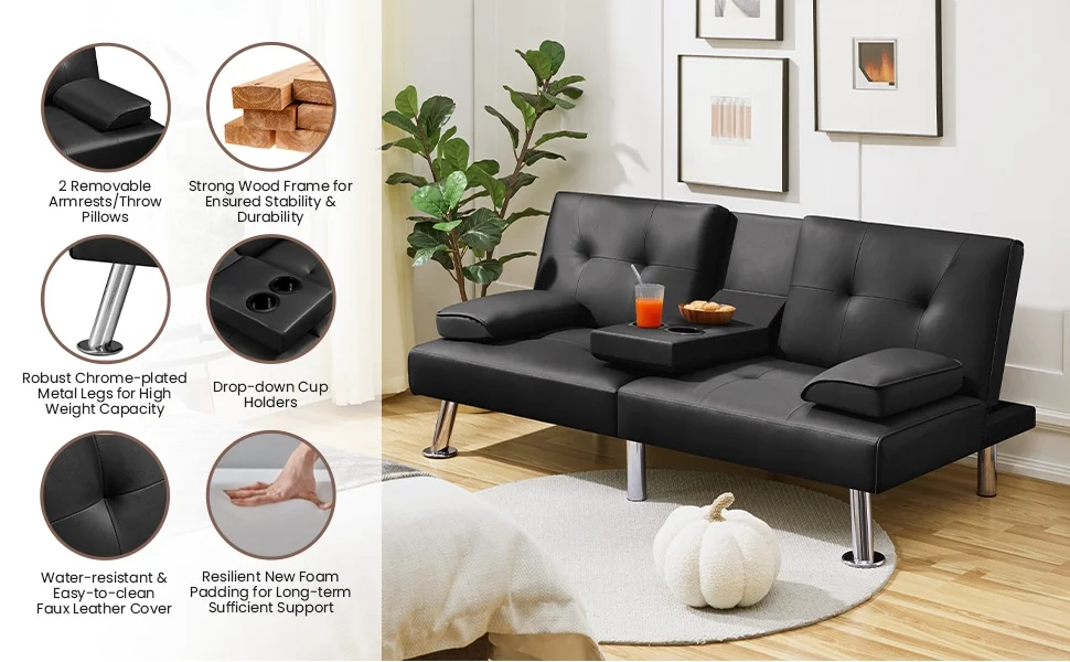 Description Picture 4 of itemConvertible Sofa Bed Adjustable Couch Sleeper Modern Faux Leather Recliner Reversible Loveseat Folding Daybed Guest Bed, Removab